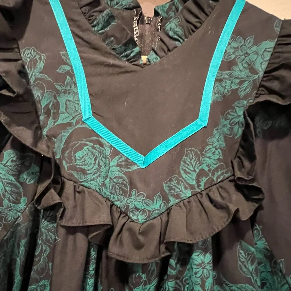 Carol Bennett for Liberty House Vtg Prairie Maxi Dress, Floral Black Green, S/M - Picture 6 of 10